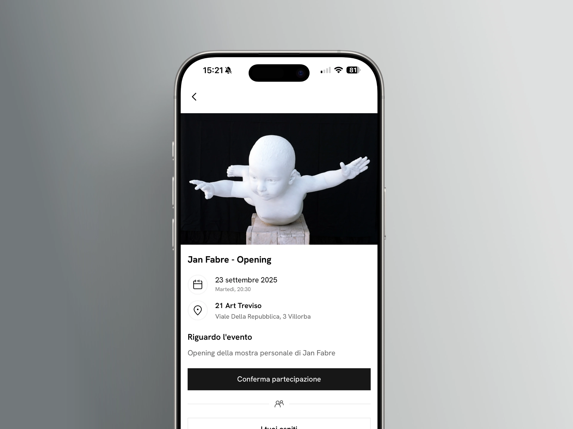 Screenshot dell'app di 21Gallery che mostra la sezione eventi