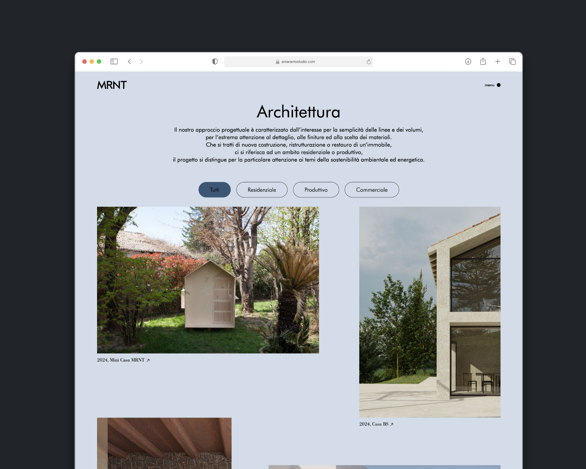 Screenshot di un'altra pagina del sito di Amaranto Studio che mostra il design e il layout
